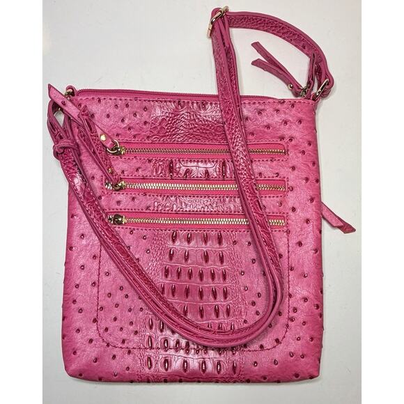 Ostrich Embossed Messenger Bag With Multi Front-Zipped Crossbody Pink - Picture 5 of 9